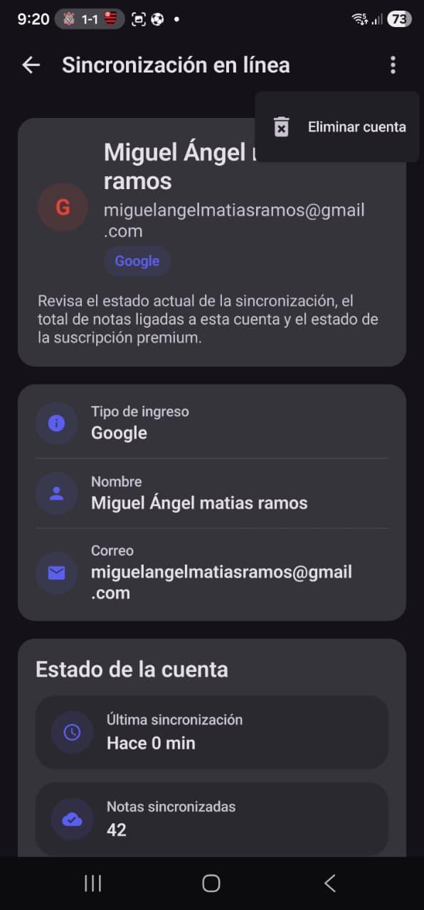 Pantalla de cuenta MR7 Note